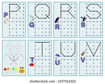 Set of educational pages for little children on square paper. Connect the dots. Draw the alphabet letters by example. Developing writing skills. Printable worksheet for kids school textbook. IQ test.