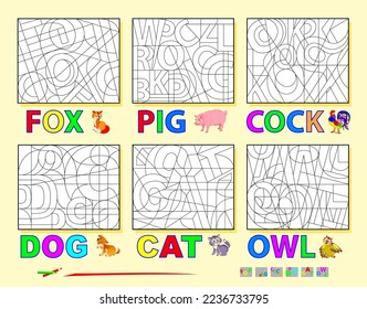 Set von Bildungsseiten für kleine Kinder. Finden Sie die Buchstaben und die Farbnamen der Tiere. Lerne Englisch. Farbbuch. Logikpuzzle-Spiel. Druckbare Arbeitsblätter für Kinderschullehrbücher. Zurück zur Schule.
