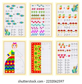 Conjunto de páginas educativas en papel cuadrado para niños pequeños. Libro de colorear. Desarrollar habilidades de escritura, recuento, dibujo y rastreo. Hojas de trabajo impresas para libros de texto escolares para niños. De vuelta a la escuela.