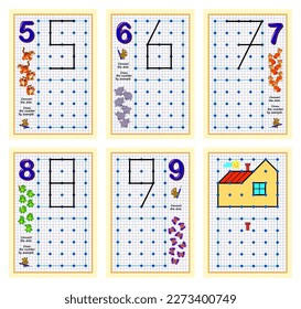 Set of educational pages on square paper for children with numbers from 5 to 9. Connect the dots. Draw the number by example. Coloring book. Printable worksheets for kids school workbook. Vector image