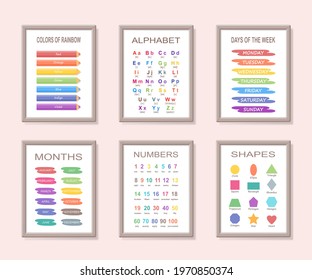 Set of educational posters in frame for preschool. Cartoon flat style. Vector illustration
