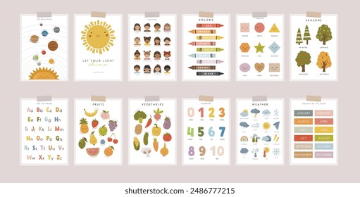 Set of Educational Posters, Kids Wall Decor, Kindergarten Decor, Classroom Posters, Feelings, Letters, Numbers, Colors, Seasons, Preschool Wall Prints, Kids Bible verse, Vector kids design