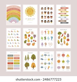 Set of Educational Posters, Kids Wall Decor, Kindergarten Decor, Classroom Posters, Feelings, Letters, Numbers, Colors, Seasons, Preschool Wall Prints, Kids Bible verse, Vector kids design