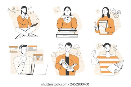 Set of educational process illustrations. Guys and girls university students read books, prepare for exams and listen to online course. Cartoon outline vector collection isolated on white background