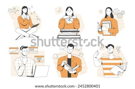 Set of educational process illustrations. Guys and girls university students read books, prepare for exams and listen to online course. Cartoon outline vector collection isolated on white background