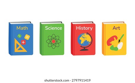 Set of educational school books. Colorful flat vector illustrations of math, science, history, and art subjects. Iconic textbook design for back to school, library, or learning concept isolated on white background.
