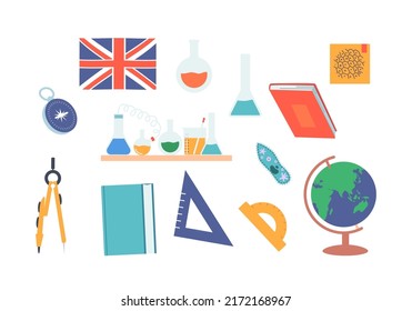 Set of Educational Tools and Teacher Equipment. Compass, Great Britain Flag, Chemical Beakers and Textbooks. Globe, Protractor, Infusoria Cell Isolated on White Background. Cartoon Vector Illustration