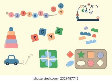 A set of educational toys for children. Colored toys for children. Vector illustration in flat style.