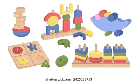 A set of educational toys for small children. Tactile surfaces, development of fine motor skills. Raising and caring for children. Children Protection Day. Vector illustration isolated 