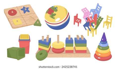 A set of educational toys for small children. Tactile surfaces, development of fine motor skills. Raising and caring for children. Children Protection Day. Vector illustration isolated 
