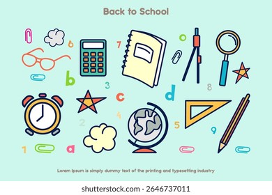 Set of educational vector elements in colored hand drawn style