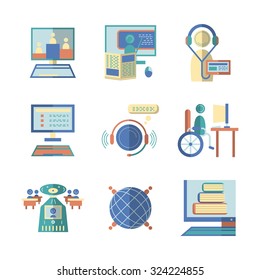 Set of educational vector icons and signs in flat color style. Online education, internet trainings and webinars, e-learning. Elements of web design for business and site.