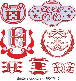 Set of EE monograms and decorative emblem templates with two letters EE. Vector collection.