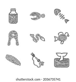 Set Eel fish, Fishing harpoon, Whale tail ocean wave, Tropical, steak, skeleton and Sea cucumber jar icon. Vector