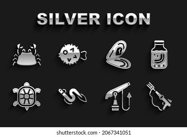 Set Eel Fish, Sea Cucumber In Jar, Fishing Harpoon, Turtle, Mussel, Crab And Hedgehog Icon. Vector