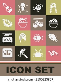 Pescado de anguila, tropical, caviar, servido en tazón, mejillón, botella de salsa de soja y icono de sushi. Vector