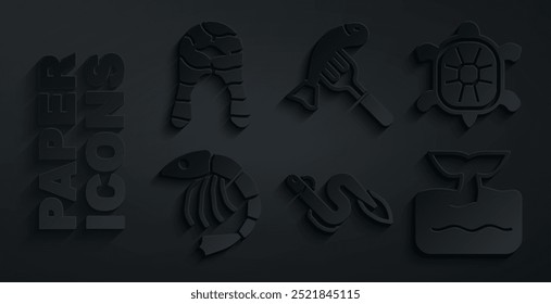 Set Eel fish, Turtle, Shrimp, Whale tail in ocean wave, Served on plate and Fish steak icon. Vector