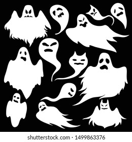 Set of eerie flying halloween ghosts for design isolated on black background.