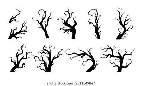 Set of eerie tree silhouettes for Halloween, featuring twisted, creepy shapes. Isolated on a white background.