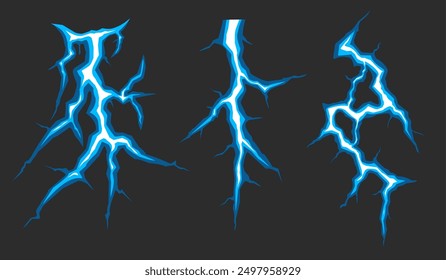 Set of effect lightning, lighting and thunderstorm vector illustration