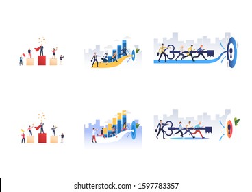 Set of effective teams reaching goals. Flat vector illustrations of people opening lock, running to target, standing on pedestal. Teamwork concept for banner, website design or landing web page