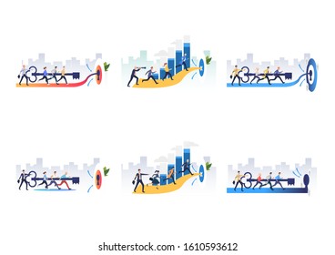 Set of effective teams reaching goals. Flat vector illustrations of people opening lock, running to target. Teamwork concept for banner, website design or landing web page