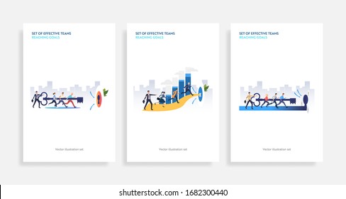 Set of effective teams reaching goals. Flat vector illustrations of people opening lock, running to target. Teamwork concept for banner, website design or landing web page