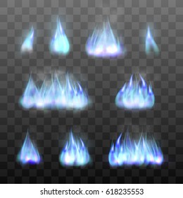 Set effects of blue fire. Realistic flame of gas. Mystic fiery effects. Collection of blazing bonfires graphic design element. Vector illustration of fire isolated on black transparent background