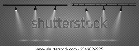 A set of effects and lighting for studios and podiums, light spotlights. On a transparent background.