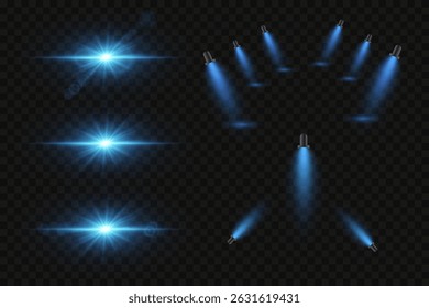 Conjunto de efeitos e holofotes de palco, e flash azul. Elementos realistas brilhantes. Em um plano de fundo transparente