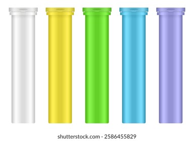 Set of effervescent tablet tubes. Large medical pill bottles. White, yellow, green, blue and purple jars. Plastic medicine container. 3d mockup of a pharmaceutical packaging