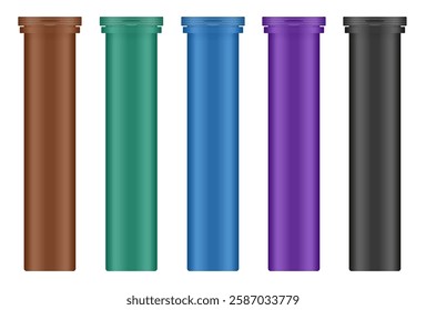 Set of effervescent tablet tubes. Large medical pill bottles. Brown, green, blue, purple and black jars. Plastic medicine container. 3d mockup of a pharmaceutical packaging