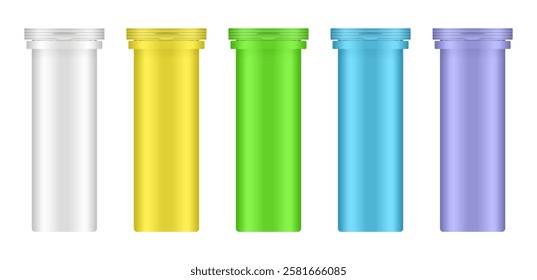 Set of effervescent tablet tubes. Small medical pill bottles. White, yellow, green, blue and purple jars. Plastic medicine container. 3d mockup of a pharmaceutical packaging