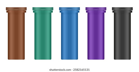 Set of effervescent tablet tubes. Small medical pill bottles. Brown, green, blue, purple and black jars. Plastic medicine container. 3d mockup of a pharmaceutical packaging