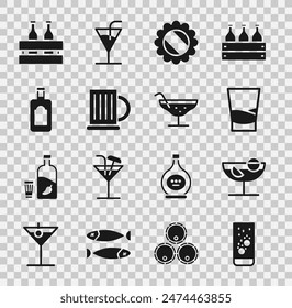 Set Effervescent tablets in water, Cocktail, Glass of vodka, Bottle cap, Wooden beer mug, Whiskey bottle, Pack bottles and  icon. Vector