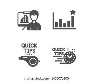 Set of Efficacy, Presentation board and Tutorials icons. Quick tips sign. Business chart, Growth chart, Quick tips. Helpful tricks.  Classic design efficacy icon. Flat design. Vector