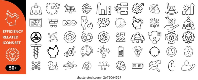  Set of efficiency related line icons. Productivity, optimization, improvement etc big icon set. 