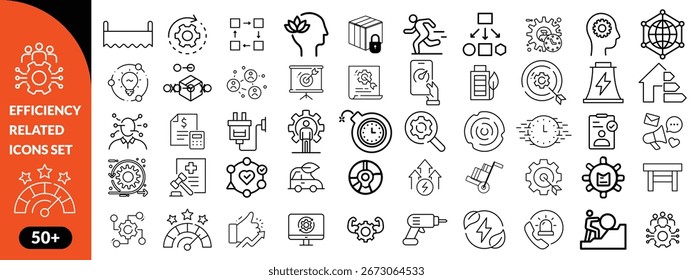  Conjunto de ícones de linha relacionados à eficiência. Produtividade, otimização, melhoria etc grande conjunto de ícones. 