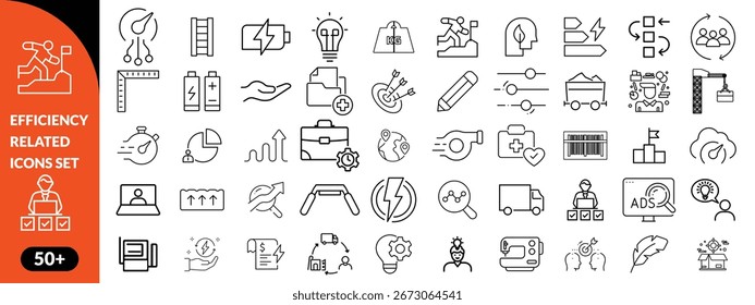  Set of efficiency related line icons. Productivity, optimization, improvement etc big icon set. 