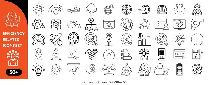  Set of efficiency related line icons. Productivity, optimization, improvement etc big icon set. 