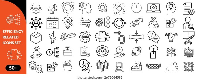  Conjunto de iconos de línea relacionados con la eficiencia. Productividad, optimización, mejora, etc. gran conjunto de iconos. 