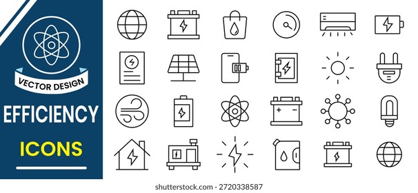 Set of efficiency related line icons vector. Efficiency icon set collection. ECO, electric, power, battery, re-use, solar panel, economy,  productivity, optimization, imprand natural icon collection.
