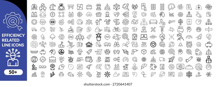 Conjunto de iconos de línea relacionados con la eficiencia. Productividad, optimización, mejora, etc. Vector de gran conjunto de diseño de iconos de eficiencia.