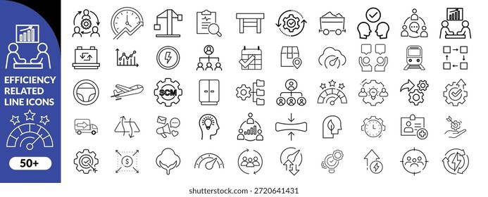 Satz von effizienzbezogenen Liniensymbolen. Produktivität, Optimierung, Verbesserung usw. Effizienz Icon Design Big Set Vektor .