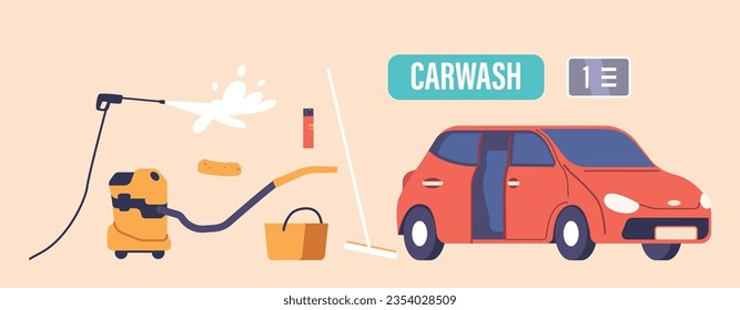 Set Efficient Car Wash Service Icons, Offering Thorough Cleaning, Waxing, And Interior Detailing. Hose, Vacuum Cleaner