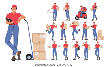 Set of Efficient Courier Delivery Service Characters Transport Packages And Documents Securely And Promptly To Their Intended Destinations, Offering Convenience. Cartoon People Vector Illustration