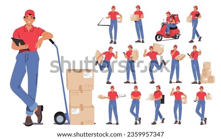 Set of Efficient Courier Delivery Service Characters Transport Packages And Documents Securely And Promptly To Their Intended Destinations, Offering Convenience. Cartoon People Vector Illustration