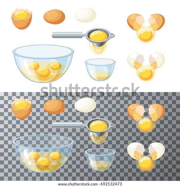 Set of egg cooking. Break brown and white egg and\
pour into glass bowl. Raw eggs with yolk in a bowl. Egg yolk\
separator over a bowl with albumen. Vector illustration flat icon\
isolated on white.