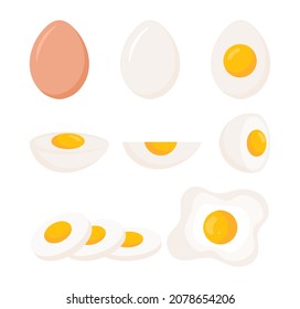 Set of egg. Delicious breakfast, scrambled eggs, graphic elements for grocery store. Collection of fresh and natural food, protein. Cartoon flat vector illustrations isolated on white background