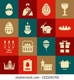 Set Egg in hot pot, Gift box, Bread loaf, Easter egg, Burning candle, Cracked, Broken and rabbit icon. Vector